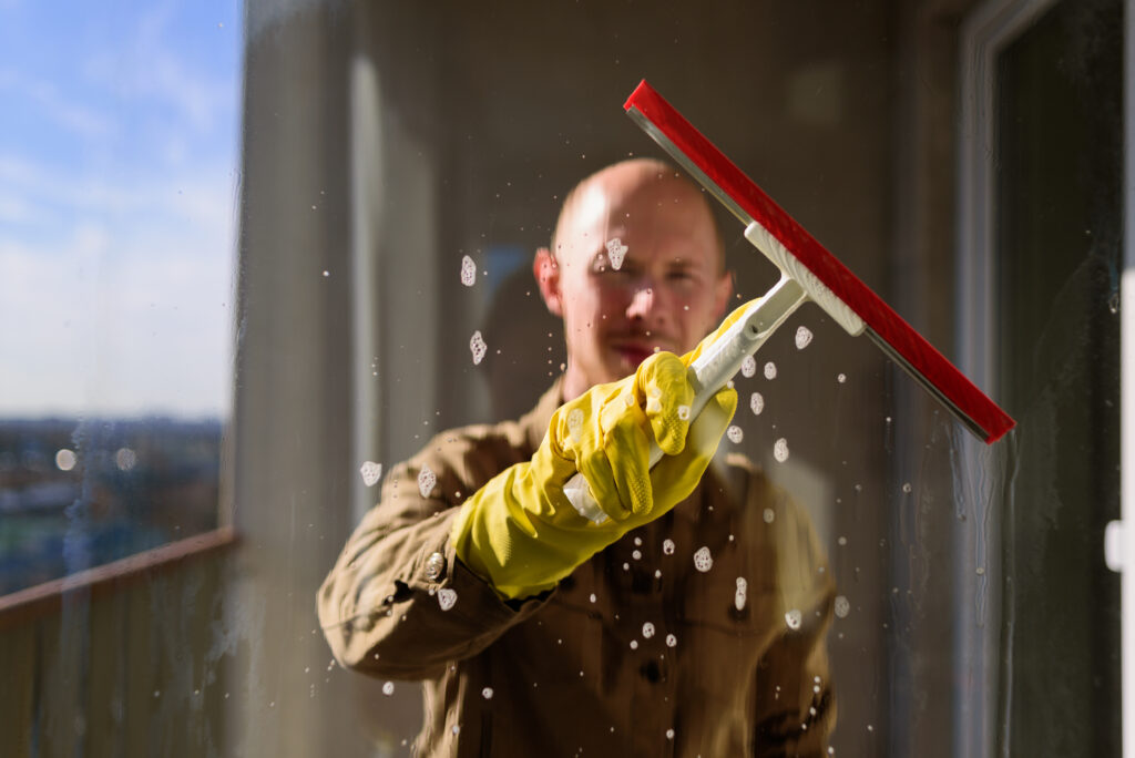 Man washing window in yellow rubber gloves with spray cleaner and squeegee